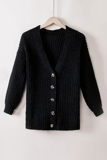 Black Solid Color Buttoned Down Casual Knitted Cardigan - Vesteeto