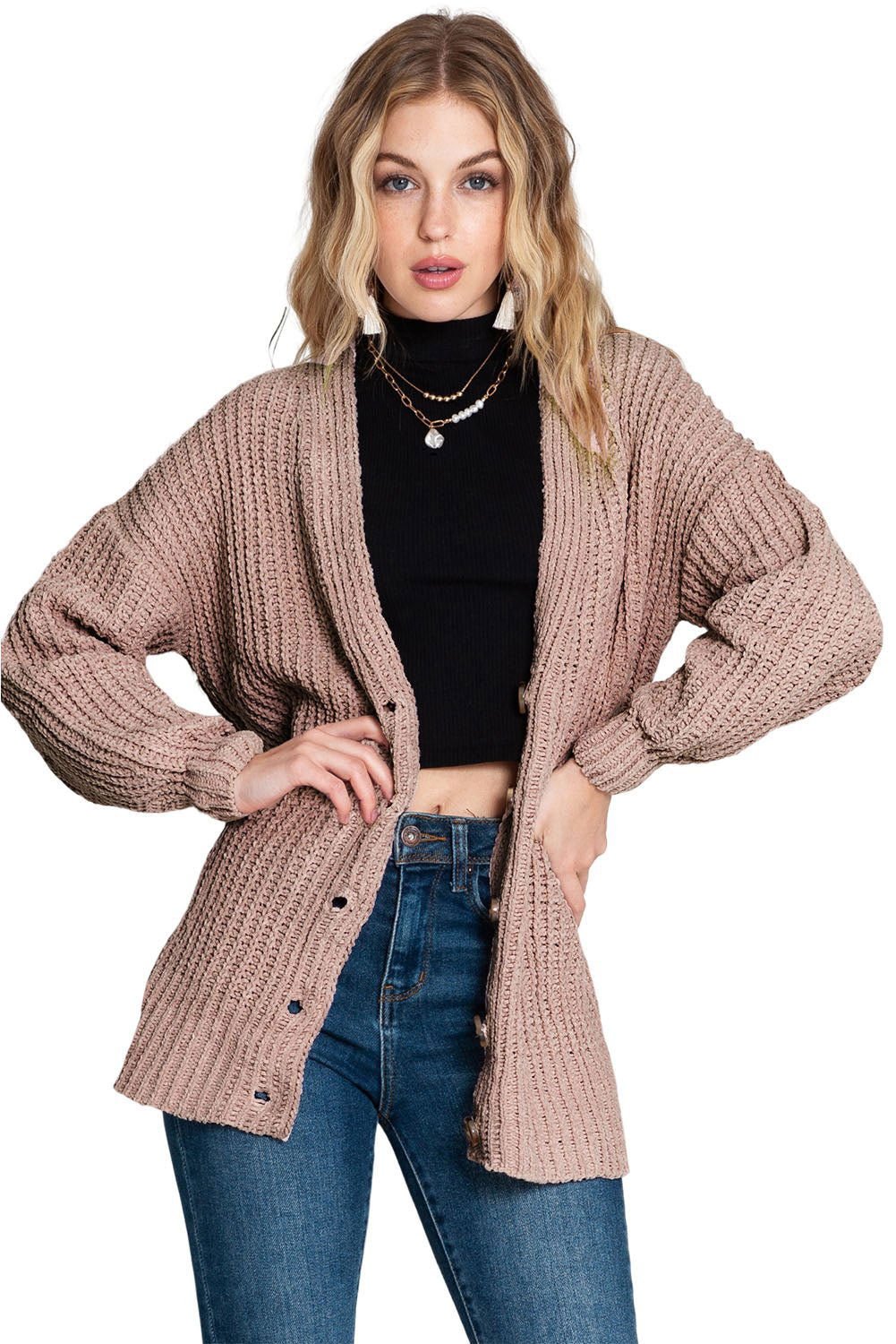 Black Solid Color Buttoned Down Casual Knitted Cardigan - Vesteeto