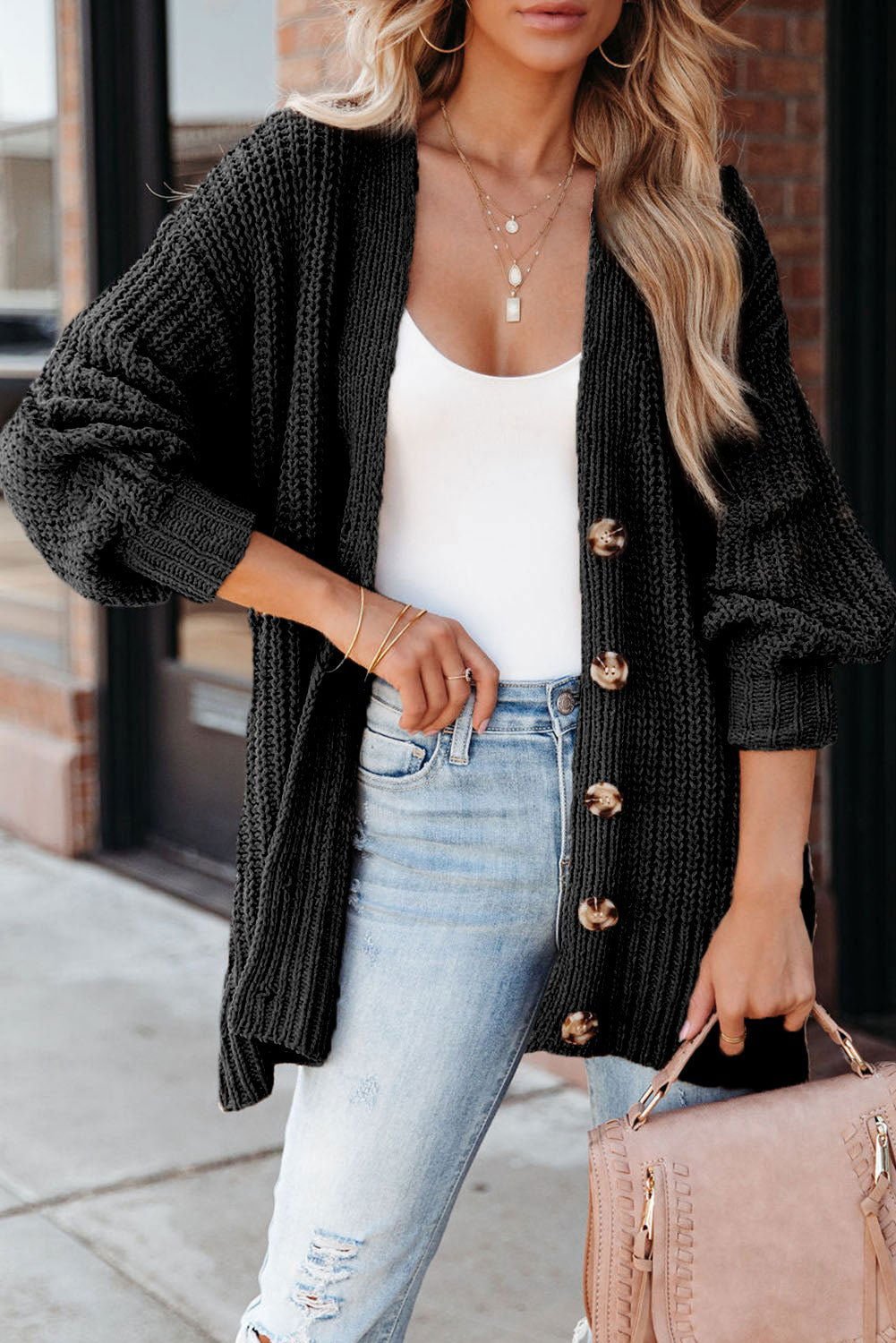 Black Solid Color Buttoned Down Casual Knitted Cardigan - Vesteeto