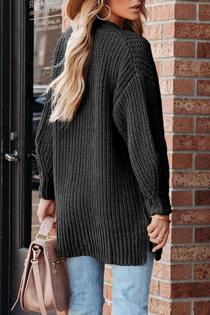 Black Solid Color Buttoned Down Casual Knitted Cardigan - Vesteeto