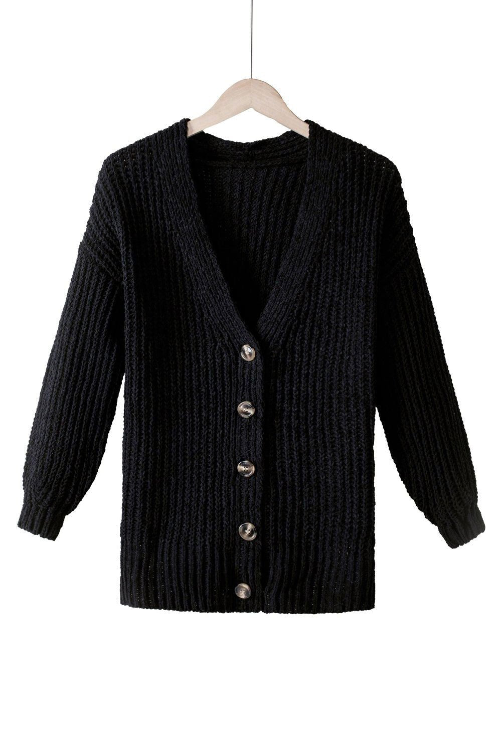 Black Solid Color Buttoned Down Casual Knitted Cardigan - Vesteeto