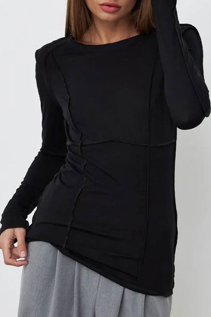 Black Solid Color Exposed Seam Long Sleeve Top - Vesteeto