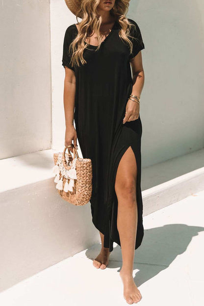 Black Solid Color Hidden Pocket V Neck Slit Maxi Dress - Vesteeto