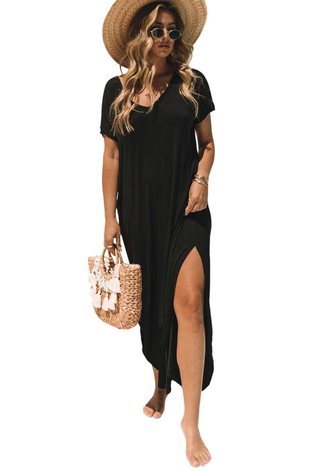 Black Solid Color Hidden Pocket V Neck Slit Maxi Dress - Vesteeto