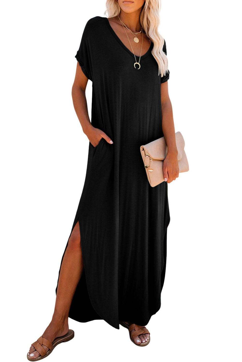 Black Solid Color Hidden Pocket V Neck Slit Maxi Dress - Vesteeto