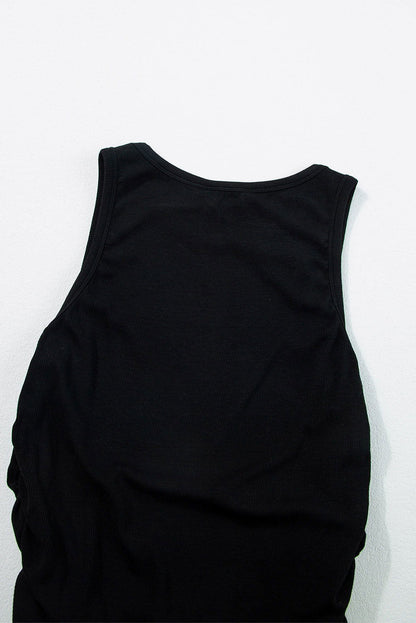 Black Solid Color Ruched Side Ribbed Tank Top - Vesteeto