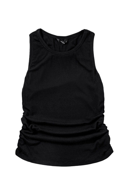 Black Solid Color Ruched Side Ribbed Tank Top - Vesteeto