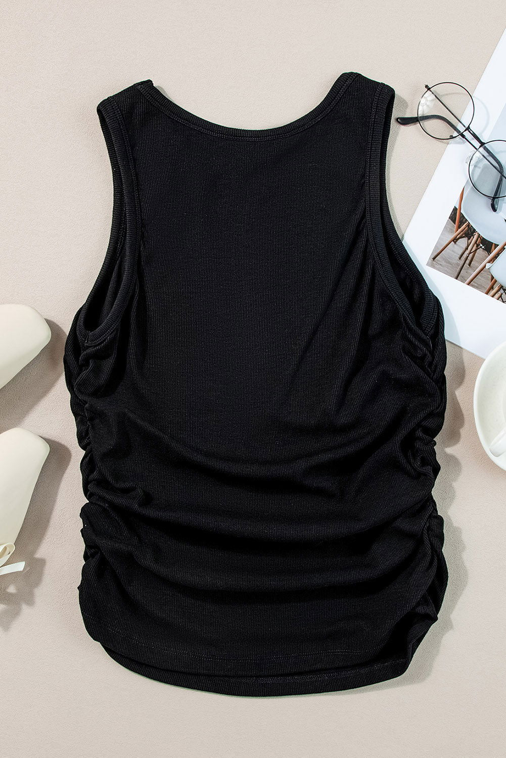 Black Solid Color Ruched Side Ribbed Tank Top - Vesteeto