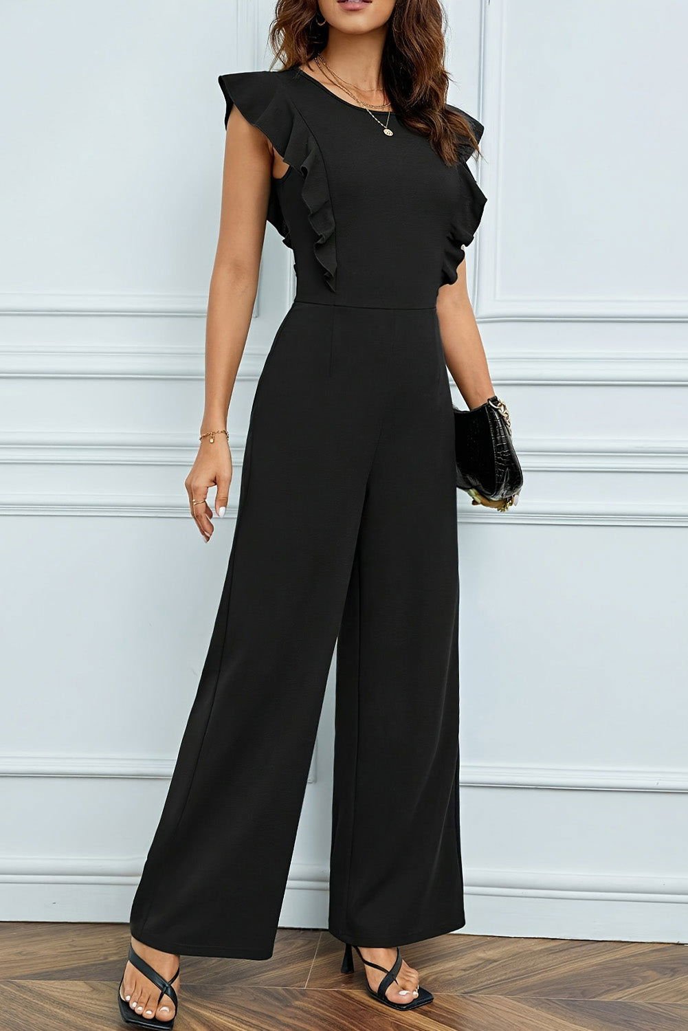 Black Solid Color Ruffle Sleeveless Round Neck Jumpsuit - Vesteeto