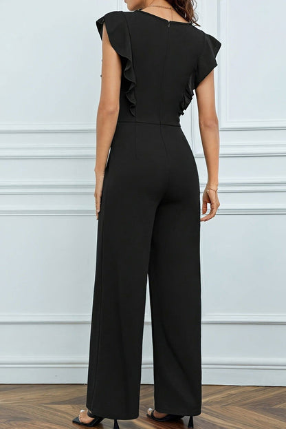 Black Solid Color Ruffle Sleeveless Round Neck Jumpsuit - Vesteeto