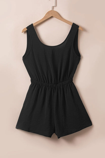 Black Solid Color Sleeveless Knot Backless Romper - Vesteeto