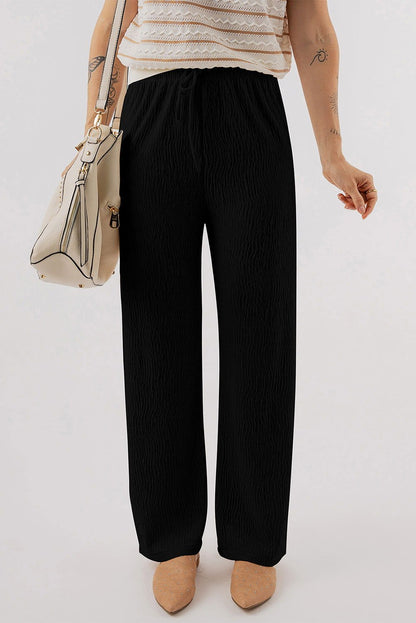 Black Solid Color Textured Loose Drawstring Pants - Vesteeto