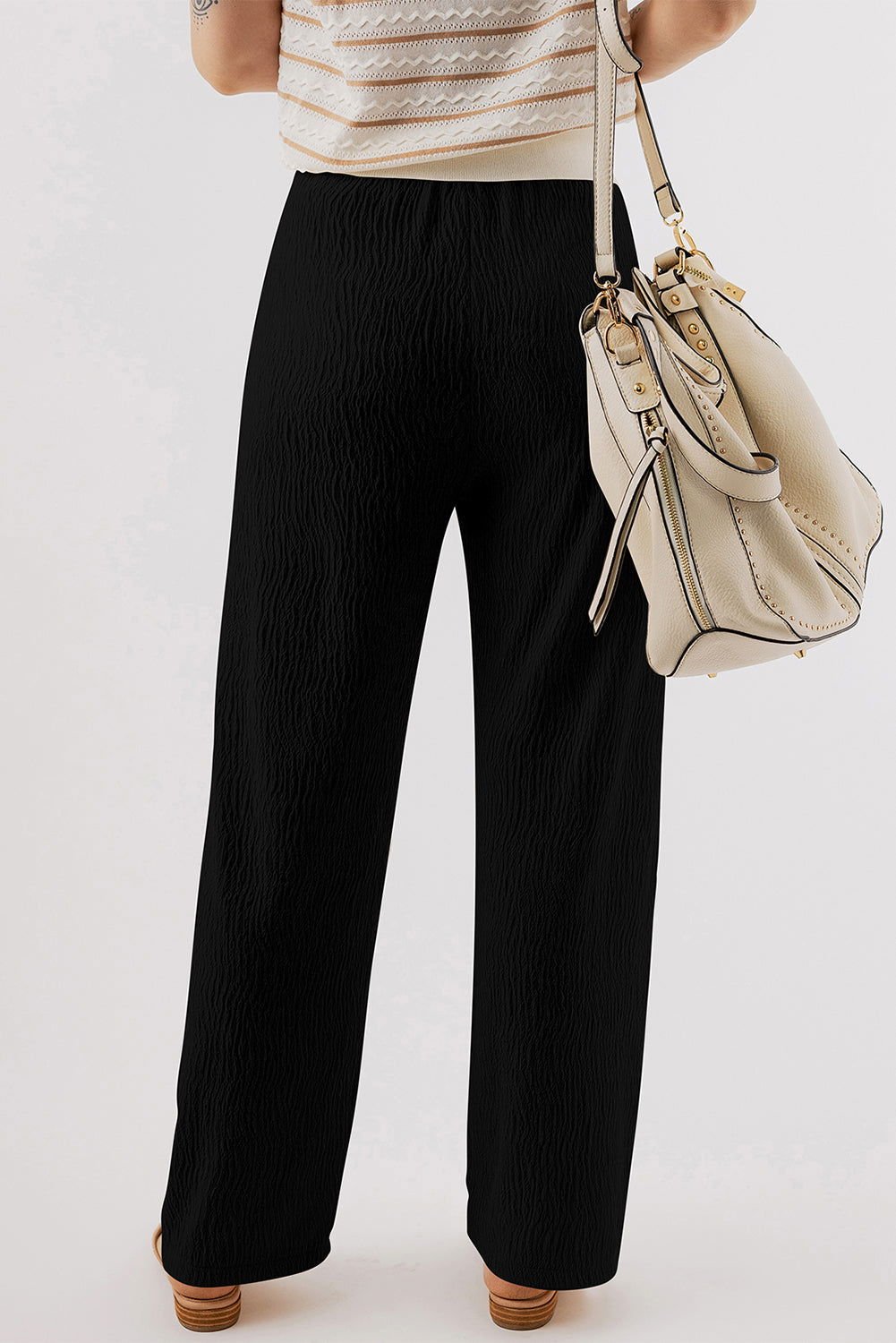 Black Solid Color Textured Loose Drawstring Pants - Vesteeto