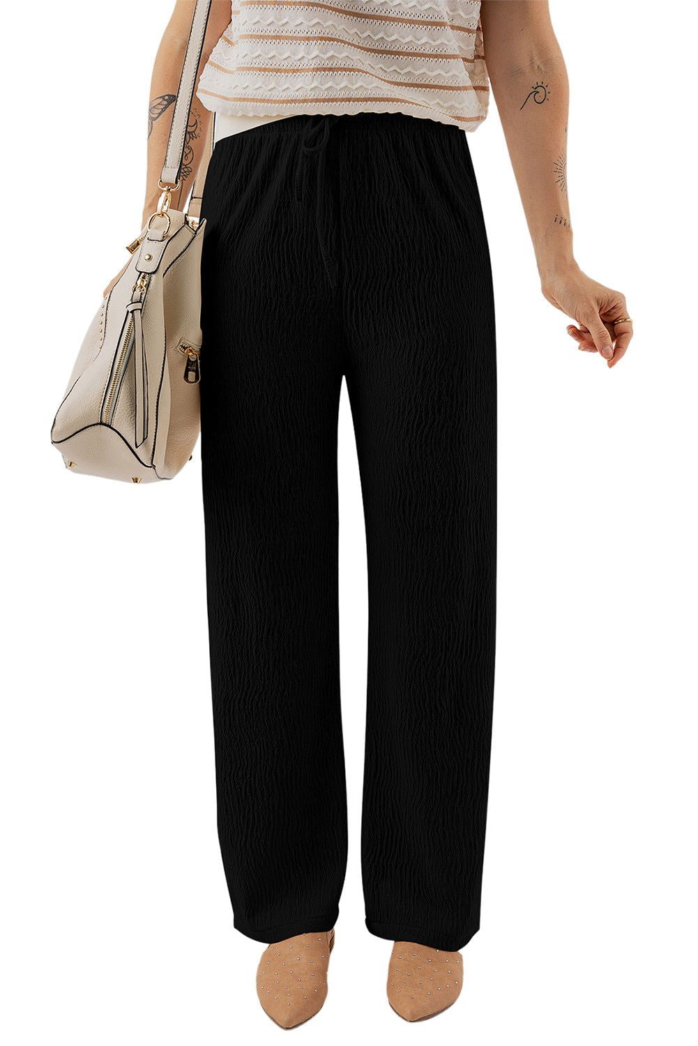 Black Solid Color Textured Loose Drawstring Pants - Vesteeto