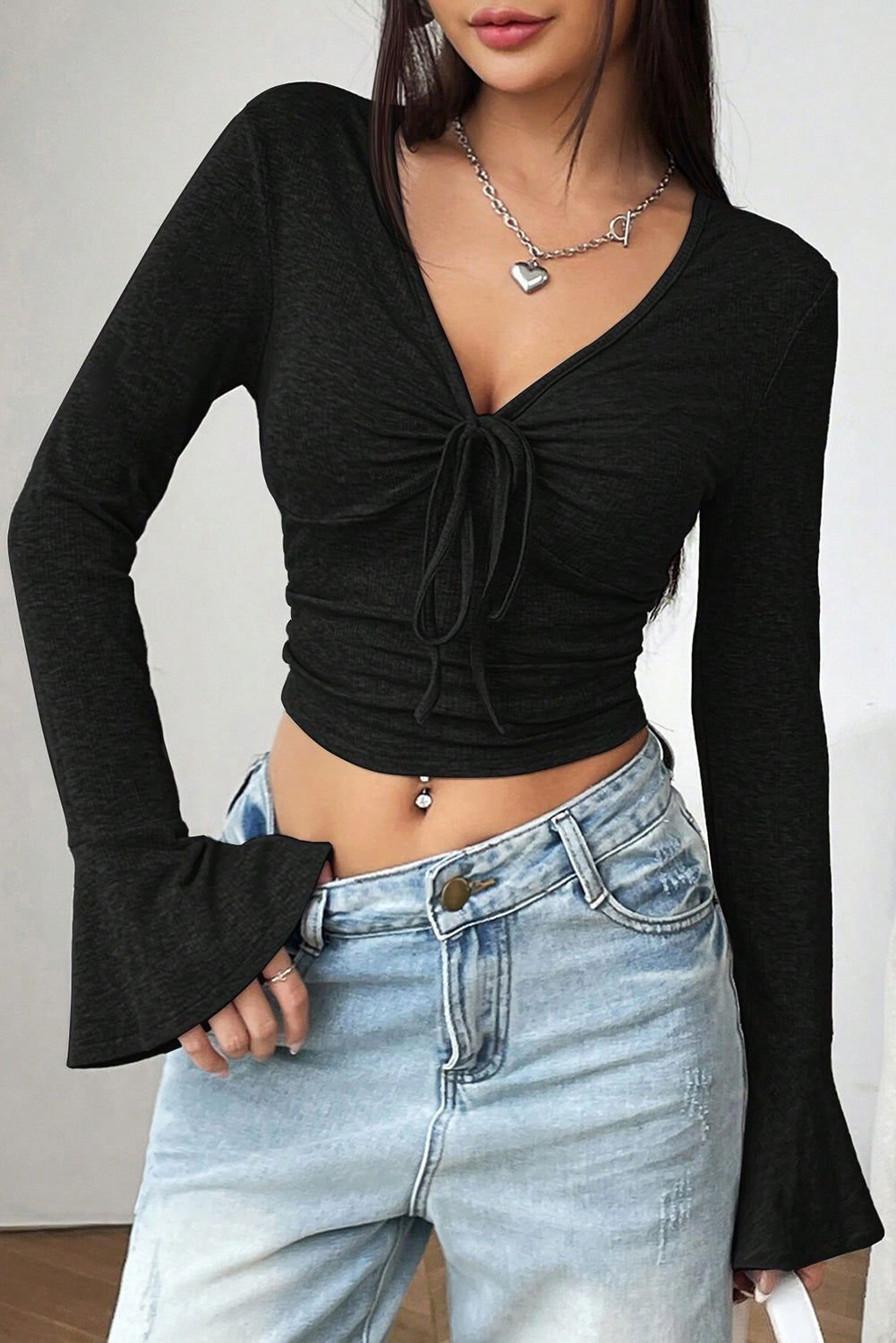 Black Solid Color V Neck Flare Sleeve Cropped Blouse - Trendy Top - Vesteeto