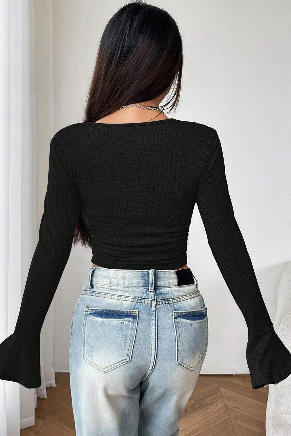 Black Solid Color V Neck Flare Sleeve Cropped Blouse - Trendy Top - Vesteeto