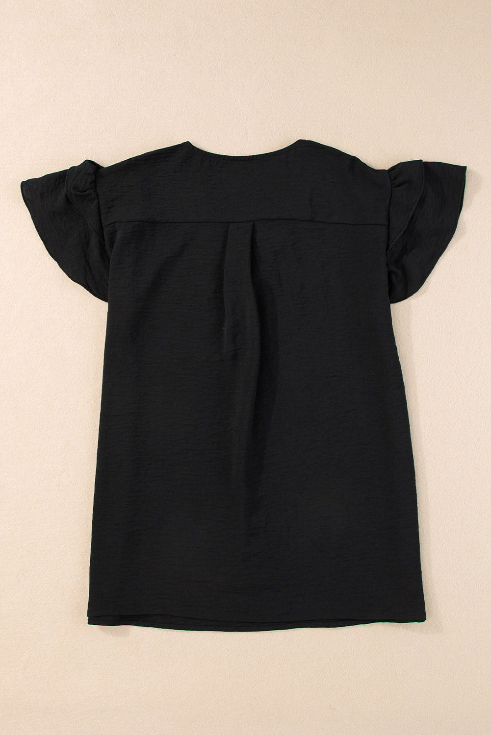 Black Solid Color V Neck Ruffle Short Sleeve Blouse - Elegant Look - Vesteeto