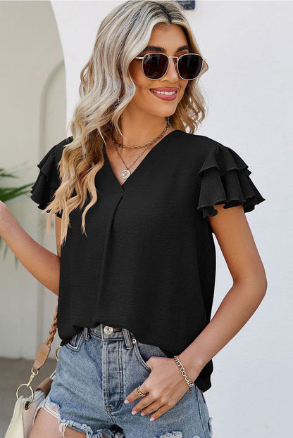 Black Solid Color V Neck Ruffle Short Sleeve Blouse - Elegant Look - Vesteeto