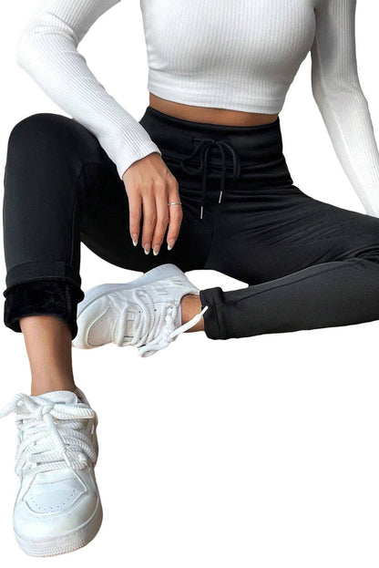 Black Solid Drawstring Waist Thermal Lined Leggings - Vesteeto