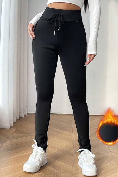 Black Solid Drawstring Waist Thermal Lined Leggings - Vesteeto