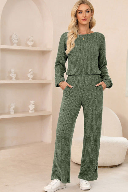 Black Solid Ribbed Knit Keyhole Back High Waist Jumpsuit - Vesteeto