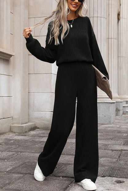 Black Solid Ribbed Knit Keyhole Back High Waist Jumpsuit - Vesteeto