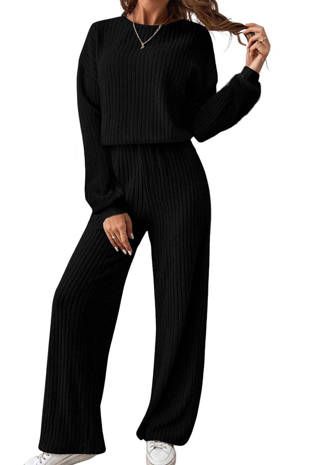 Black Solid Ribbed Knit Keyhole Back High Waist Jumpsuit - Vesteeto