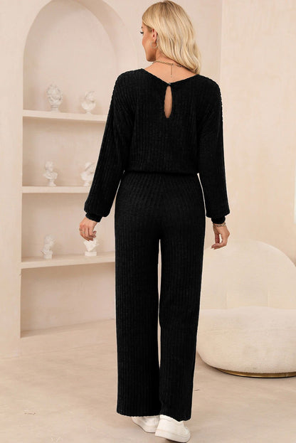 Black Solid Ribbed Knit Keyhole Back High Waist Jumpsuit - Vesteeto