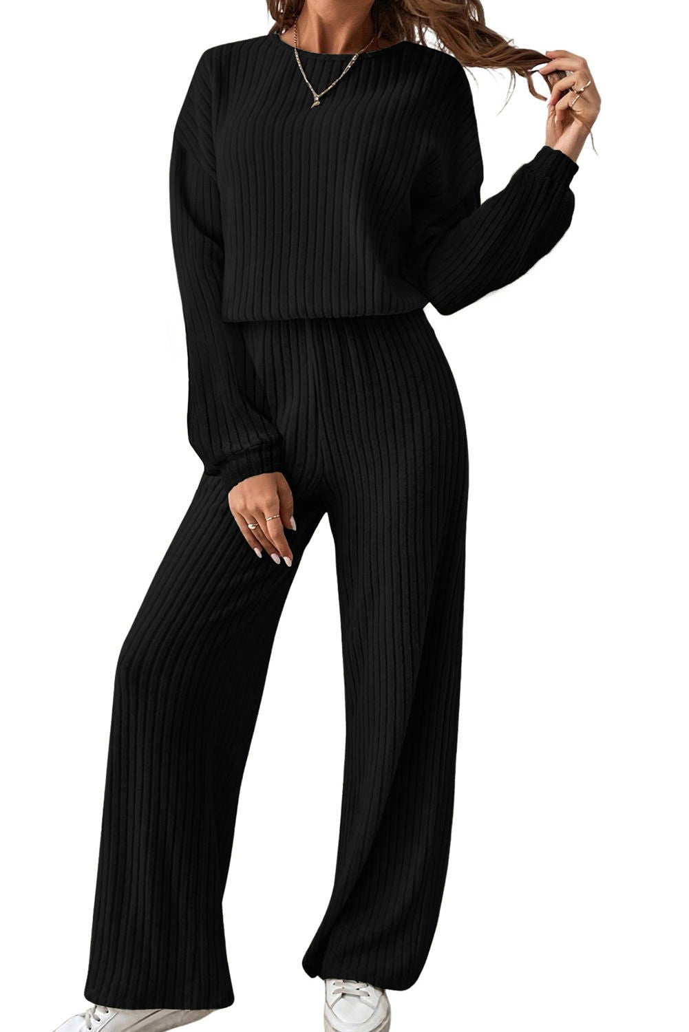 Black Solid Ribbed Knit Keyhole Back High Waist Jumpsuit - Vesteeto