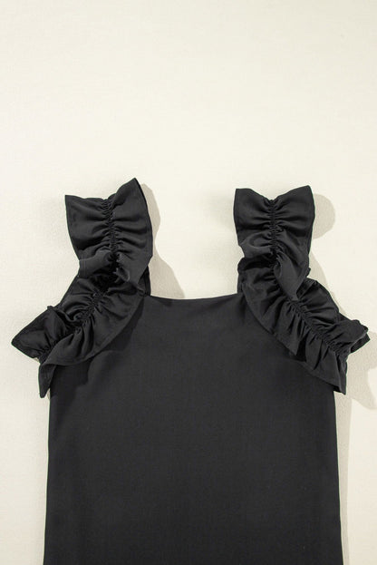 Black Solid Ruffle Trim Sleeveless Blouse - Vesteeto