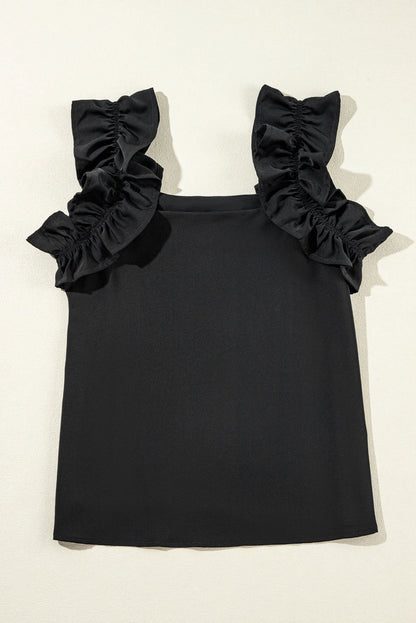 Black Solid Ruffle Trim Sleeveless Blouse - Vesteeto