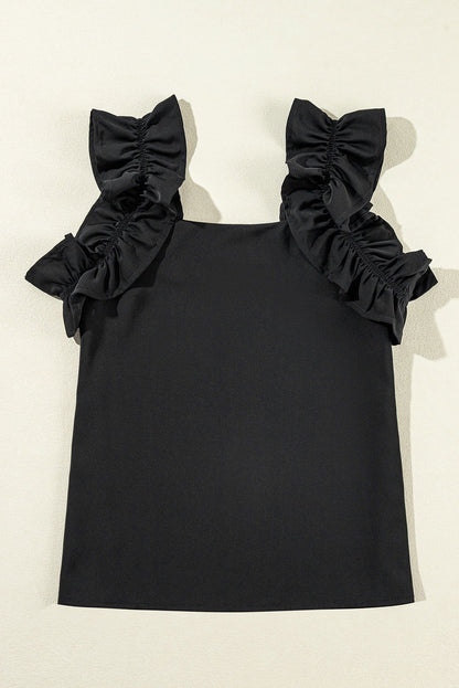 Black Solid Ruffle Trim Sleeveless Blouse - Vesteeto