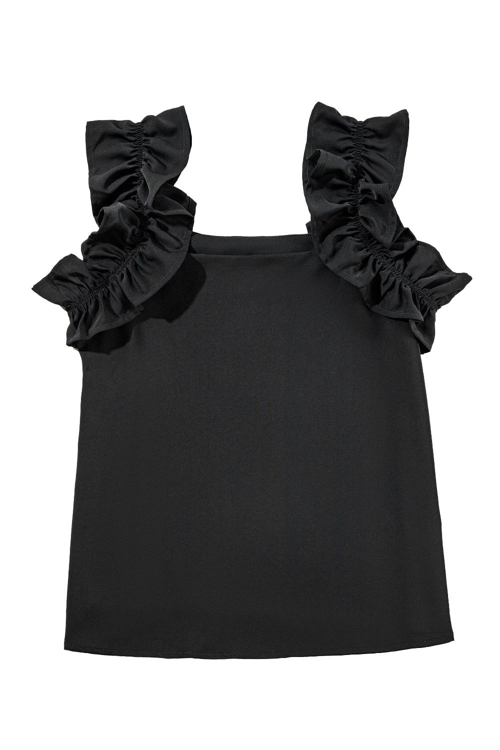 Black Solid Ruffle Trim Sleeveless Blouse - Vesteeto