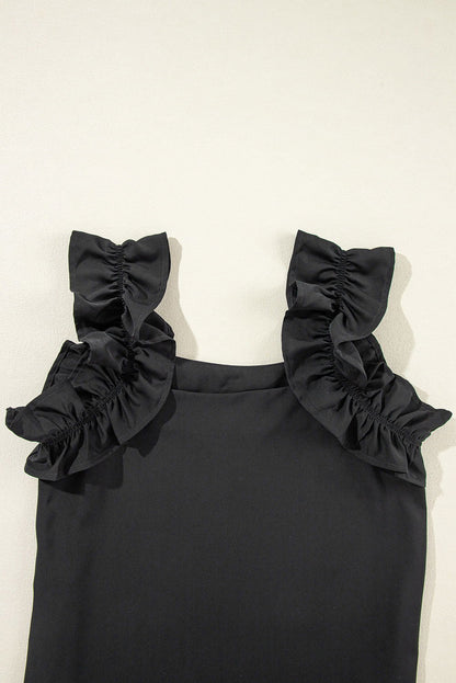 Black Solid Ruffle Trim Sleeveless Blouse - Vesteeto