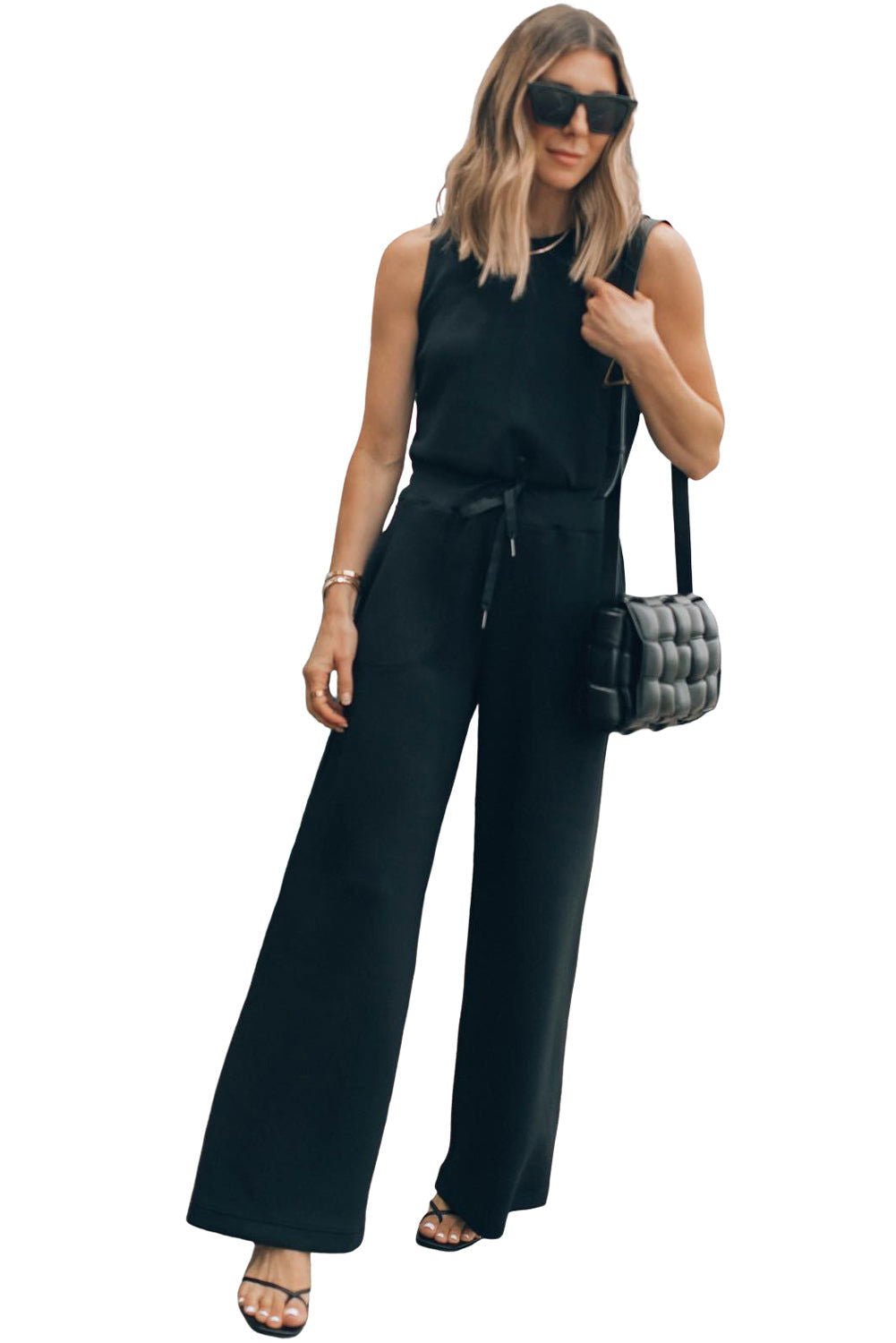 Black Solid Sleeveless Wide Leg Tank Jumpsuit - Vesteeto