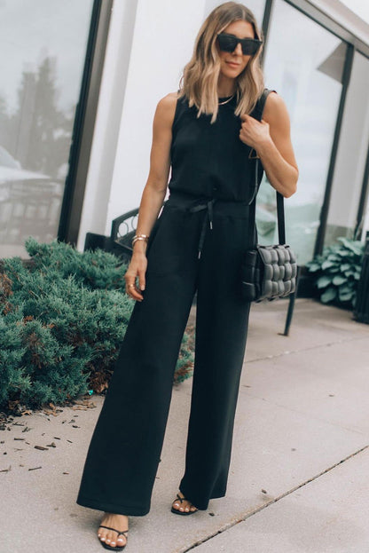 Black Solid Sleeveless Wide Leg Tank Jumpsuit - Vesteeto