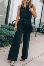 Black Solid Sleeveless Wide Leg Tank Jumpsuit - Vesteeto