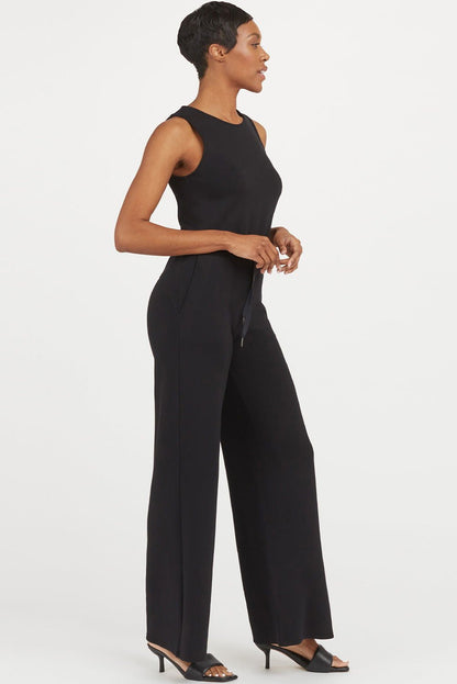 Black Solid Sleeveless Wide Leg Tank Jumpsuit - Vesteeto