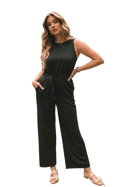 Black Solid Sleeveless Wide Leg Tank Jumpsuit - Vesteeto