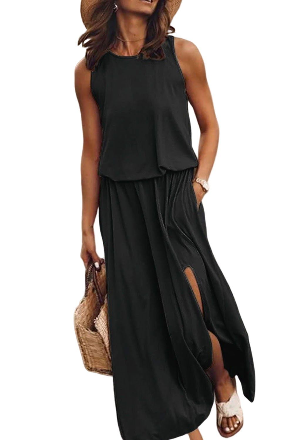 Black Solid Split Sleeveless Tunic Maxi Dress - Vesteeto