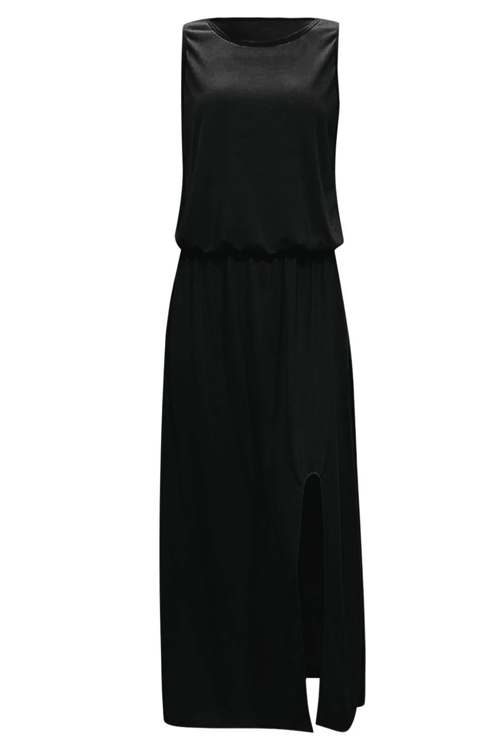 Black Solid Split Sleeveless Tunic Maxi Dress - Vesteeto