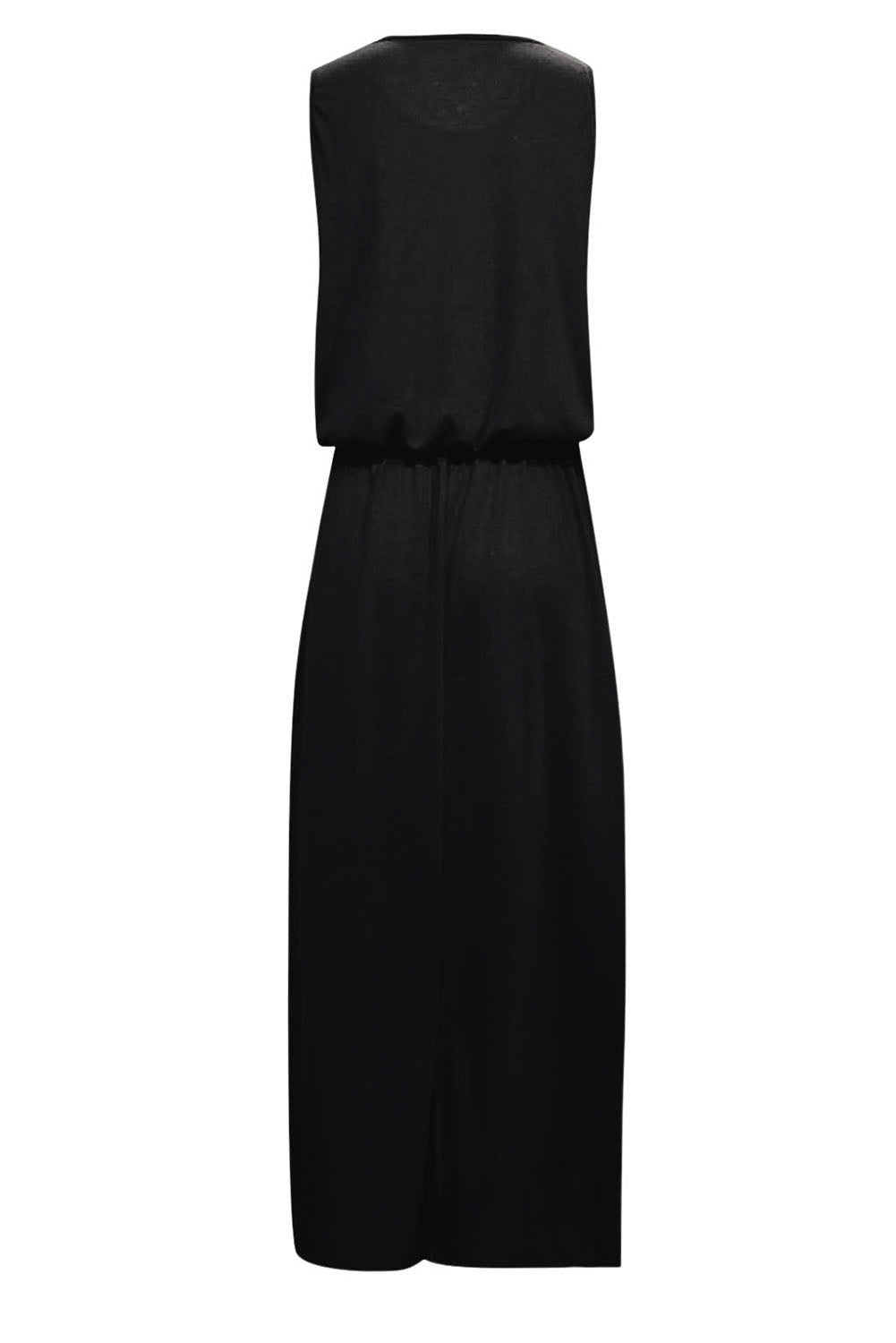 Black Solid Split Sleeveless Tunic Maxi Dress - Vesteeto