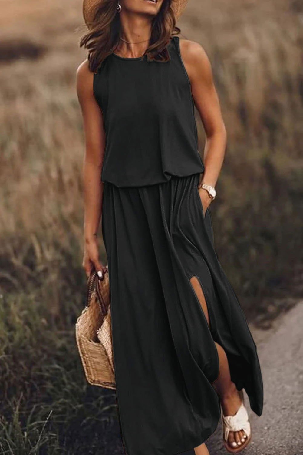 Black Solid Split Sleeveless Tunic Maxi Dress - Vesteeto