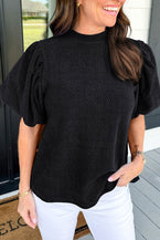 Black Solid Textured Puff Sleeve Mock Neck Blouse - Vesteeto