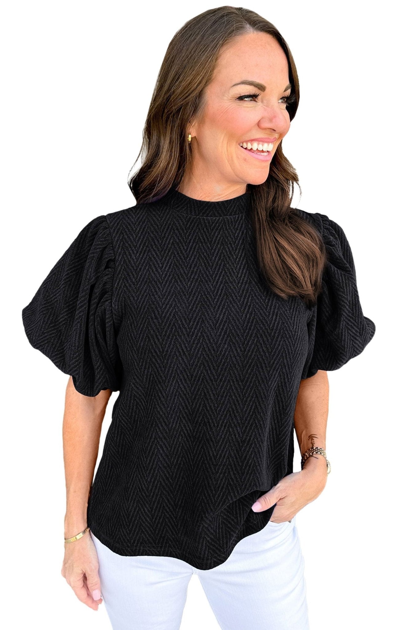 Black Solid Textured Puff Sleeve Mock Neck Blouse - Vesteeto