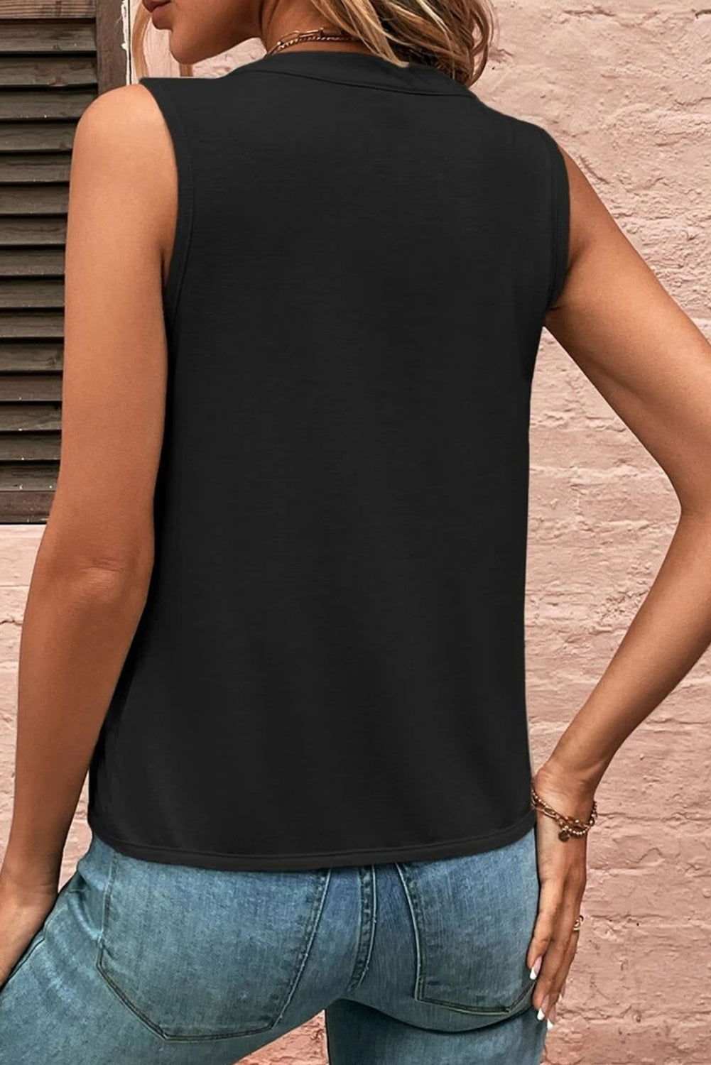 Black Solid V Neck Pleated Sleeveless Shirt - Stylish & Chic - Vesteeto