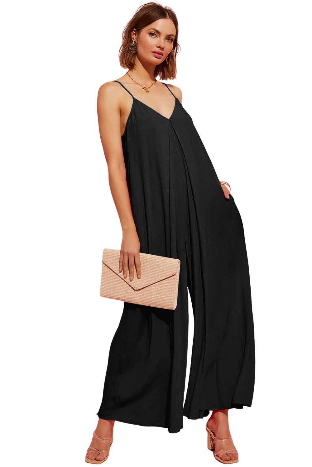 Black Spaghetti Straps Backless Wide Leg Jumpsuit - Vesteeto