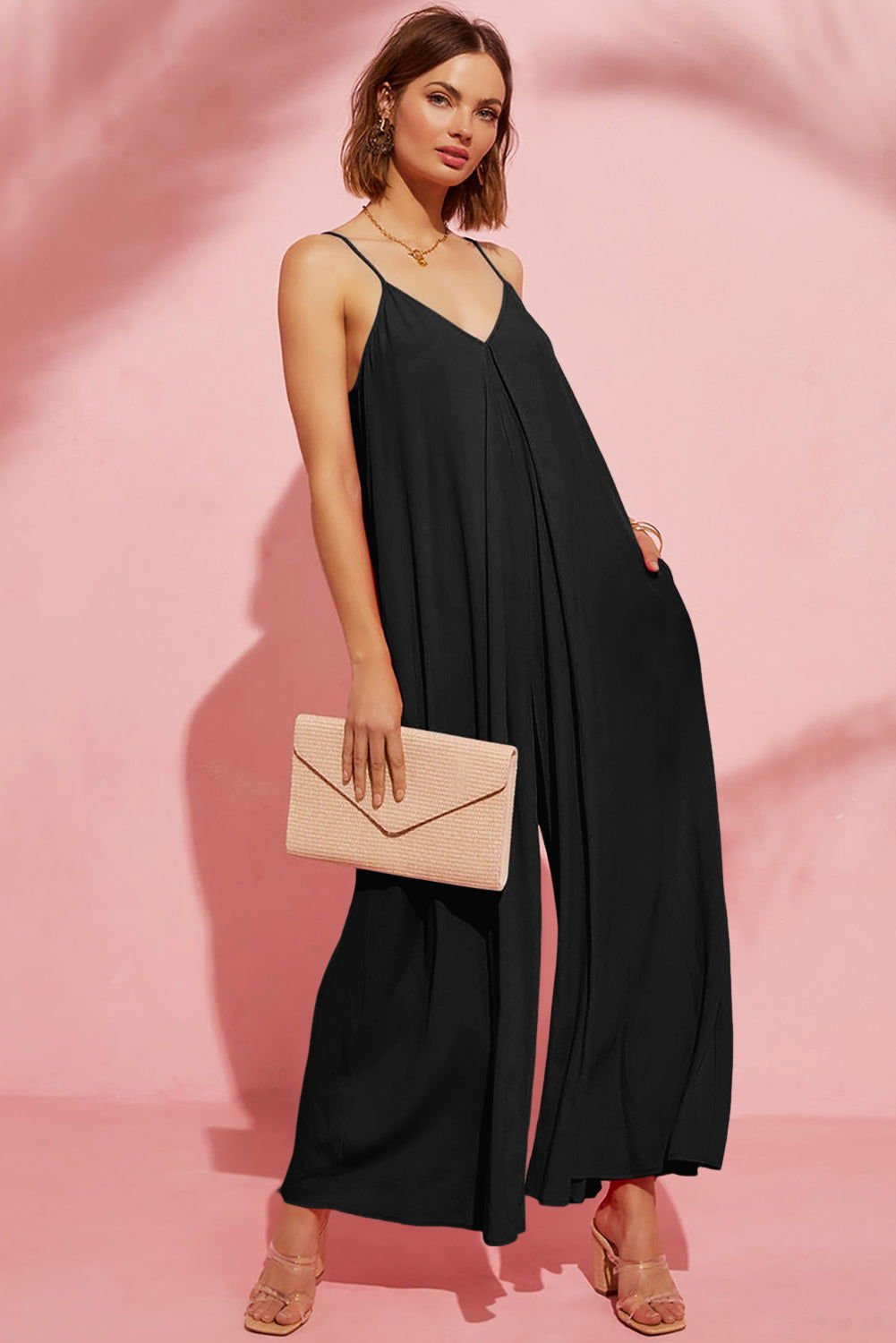 Black Spaghetti Straps Backless Wide Leg Jumpsuit - Vesteeto