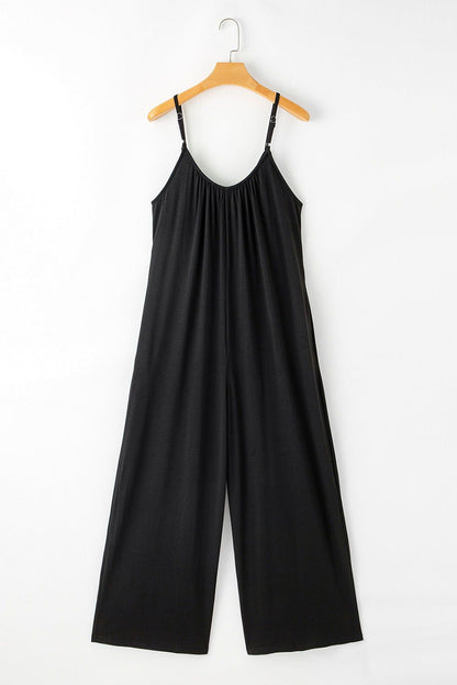 Black Spaghetti Straps Backless Wide Leg Jumpsuit - Vesteeto