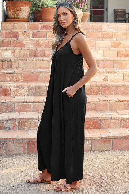 Black Spaghetti Straps Backless Wide Leg Jumpsuit - Vesteeto